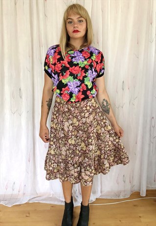 BROWN FORAL DITSY MIDI SKIRT