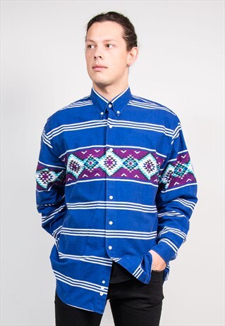 VINTAGE 90'S BLUE AZTEC PATTERN WESTERN SHIRT