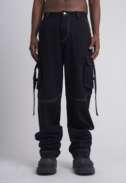 Cargo pocket jeans grunge utility denim pants in black