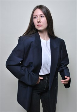 Oversize blue jacket, vintage formal suit jacket women