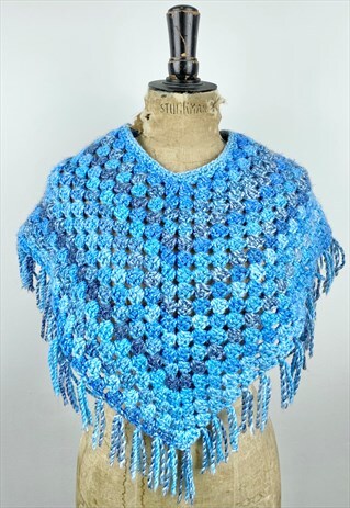 70's Vintage Ladies Cape Blue Wool Tassel Top Capelet