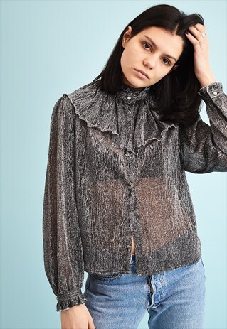 80'S RETRO RUFFLE SHIMMER SHEER BLOUSE TOP