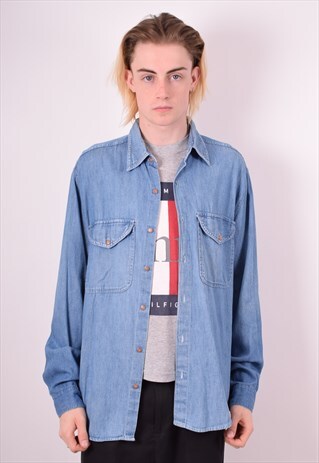 MENS VINTAGE DENIM SHIRT LARGE BLUE 90S