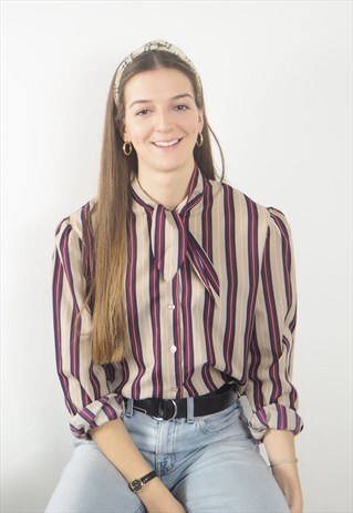 VINTAGE RED AND NUDE STRIPE 80'S BLOUSE