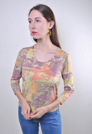 90S DRAGON PRINT VINTAGE MULTICOLOR WOMEN RAVE BLOUSE