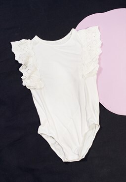 Vintage Bodysuit 90s Frilly Fairy Lace Body in White Cotton