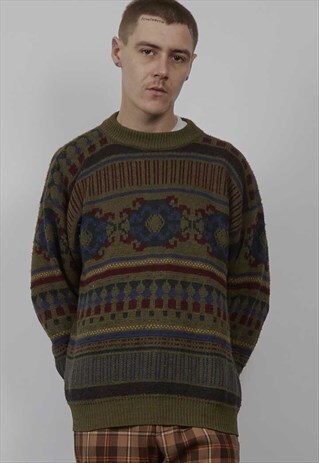 VINTAGE 80'S FOREST GREEN PATTERNED JUMPER