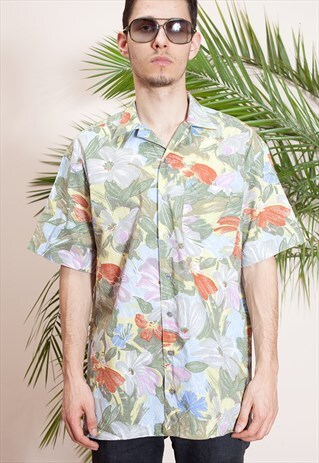 VINTAGE 90S SHORT SLEEVE ABSTRACT BOTANIC PRINT MEN'S SHIRT