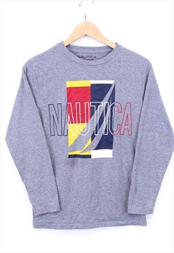 Vintage Nautica T Shirt Grey Long Sleeve With Chest Graphic