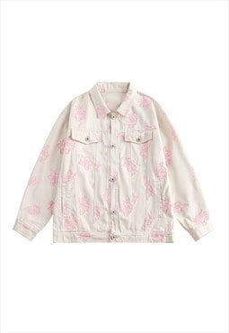 Embroidered denim jacket distressed floral jean varsity