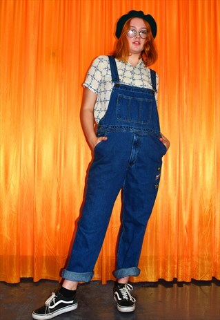 VINTAGE 90S DUNGAREES DARK BLUE DENIM STRAIGHT LEG BADGES