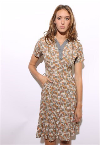 VINTAGE 50S FLEUR DE LYS PRINT SHIRT DRESS FITTED XS S