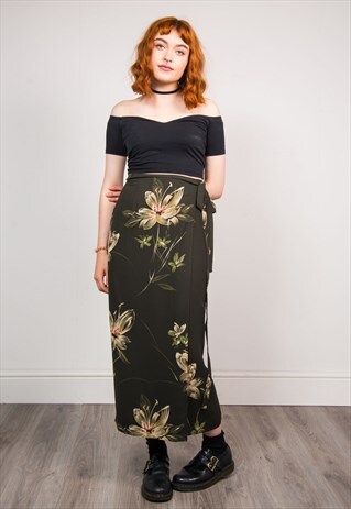 90'S RETRO GREEN FLORAL WRAP AROUND MAXI SKIRT