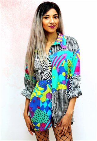 1990S VINTAGE MULTICOLOURED PATTERNED SILK OVERSIZED SHIRT