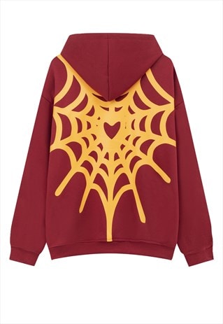 SPIDER WEB HOODIE GOTHIC PULLOVER CREEPY PUNK TOP IN RED