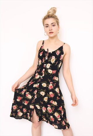 VINTAGE 90S BLACK FLORAL BUTTON THROUGH MIDI DRESS
