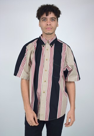 VINTAGE 90'S BEIGE, BLACK, WHITE & RED STRIPED SHIRT