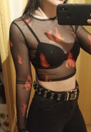 FIRE PRINT MESH TURTLENECK TOP GRUNGE