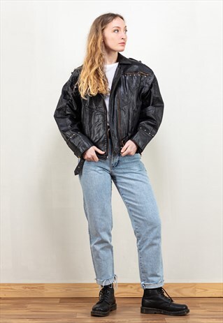 VINTAGE 80'S BLACK LEATHER BIKER JACKET