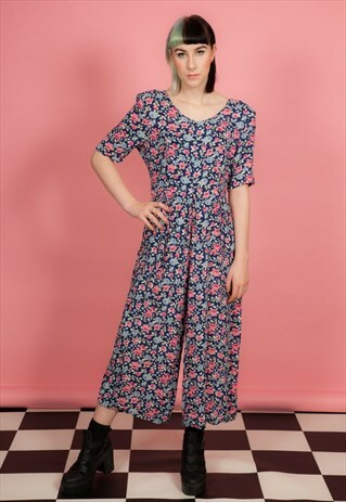 90S VINTAGE NAVY BLUE & PINK FLORAL PATTERN CROPPED CULOTTE