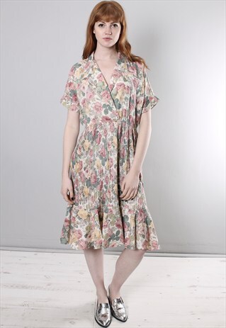 VINTAGE 80S FLORAL PATTERNED PLEATED SUMMER DRESS