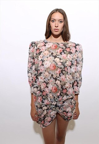 VINTAGE 1980'S 80'S ROSE PRINT OVERSIZE MINI DRESS BUBBLE OS
