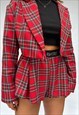 RED TARTAN PLEATED FLARED HIGH WAISTED SHORTS 
