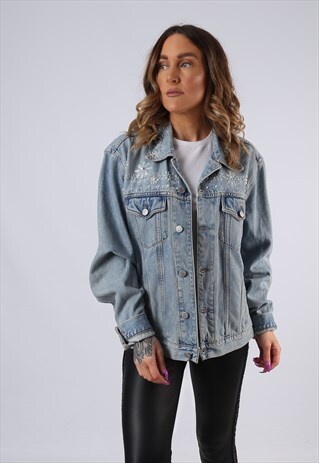 VINTAGE DENIM JACKET OVERSIZED FITTED UK 14 LARGE BLUE (JM3E