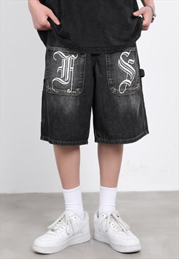 Black Denim Embroidered Cotton Relaxed Fit shorts Y2k Jeans