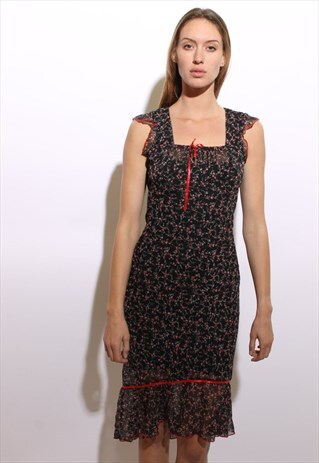 VINTAGE 1990'S 90'S BLACK RED FLORAL PEASANT DRESS XS-S