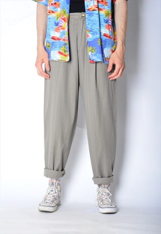 VINTAGE 80S KHAKI GREY STRIPED PANTS