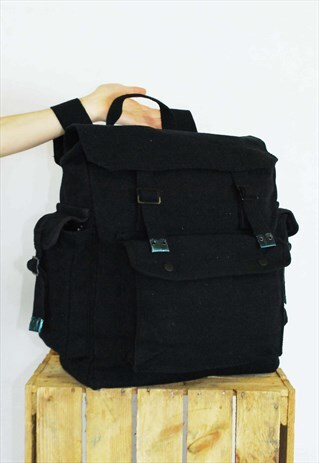 LARGE BLACK UNISEX THICK CANVAS BACKPACK RUCKSACK