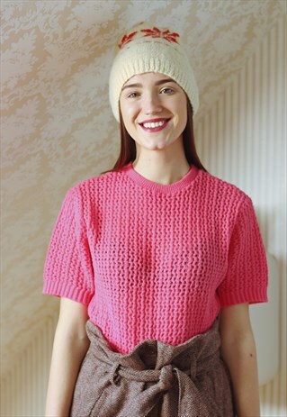 BRIGHT PINK SHORT SLEEVE KNITTED JUMPER