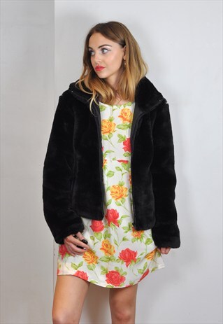 VINTAGE 90S BLACK CHUNKY FAUX FUR JACKET