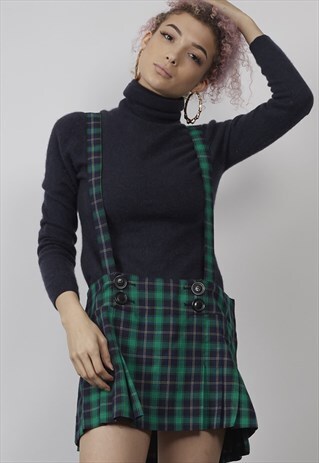 VINTAGE 80'S GREEN TARTAN BRACE MICRO-MINI SKIRT
