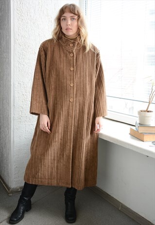 Vintage Authentic Bohemian Brown Wide Fit Corduroy Maxi Coat