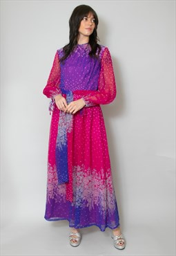 Vera Mont 70's Pink Purple Long Sleeve Floral Maxi Dress 