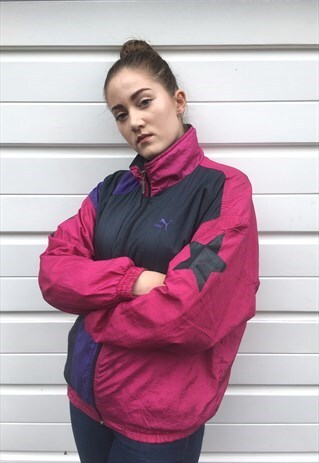 WOMENS VINTAGE 80S PUMA SHELL SUIT JACKET ZIPPER WINDBREAKER