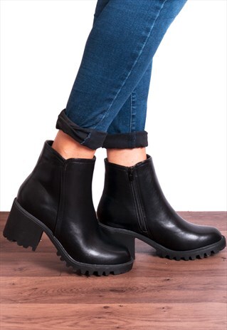 BLACK FAUX LEATHER RUGGED SOLE ZIP UP ANKLE BOOTS