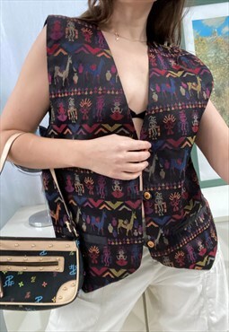 Vintage 80s Ethnic woven patterned blouse top vest gilet