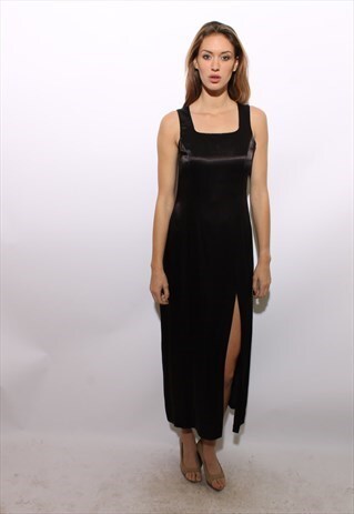 VINTAGE 90S BLACK SATIN MAXI DRESS GOWN FORMAL S-M