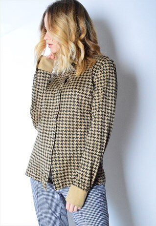 VINTAGE 90S CAMEL BROWN HOUNDSTOOTH LONG SLEEVE SHIRT
