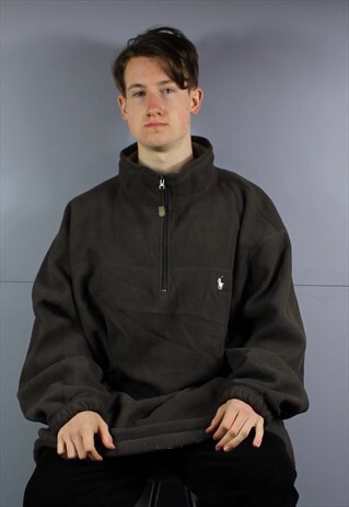 VINTAGE POLO RALPH LAUREN 1/4 ZIP SWEATSHIRT IN BROWN WITH E
