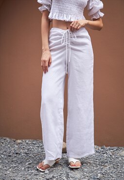 White linen straight leg trouser with ruched front tie