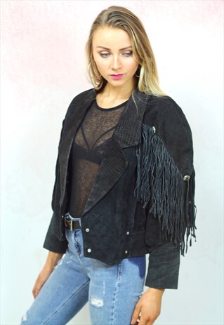 1980S VINTAGE BLACK REAL SUEDE ASYMMETRICAL FRINGE JACKET