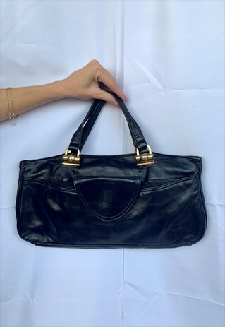 VINTAGE 80S BLACK REAL LEATHER BAGUETTE BAG WITH HANDLE