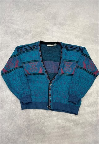 Vintage Knitted Cardigan Abstract Patterned Bright Sweater