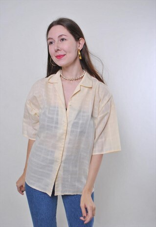VINTAGE TRANSPARENT PLAID  YELLOW BLOUSE WITH SHORT SLEEVE 