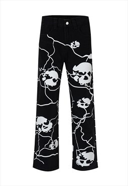 Skeleton jeans distressed grunge Gothic denim pants in black