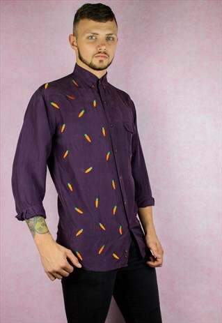 CARROT EMBROIDERED DARK PURPLE VINTAGE SILK SHIRT